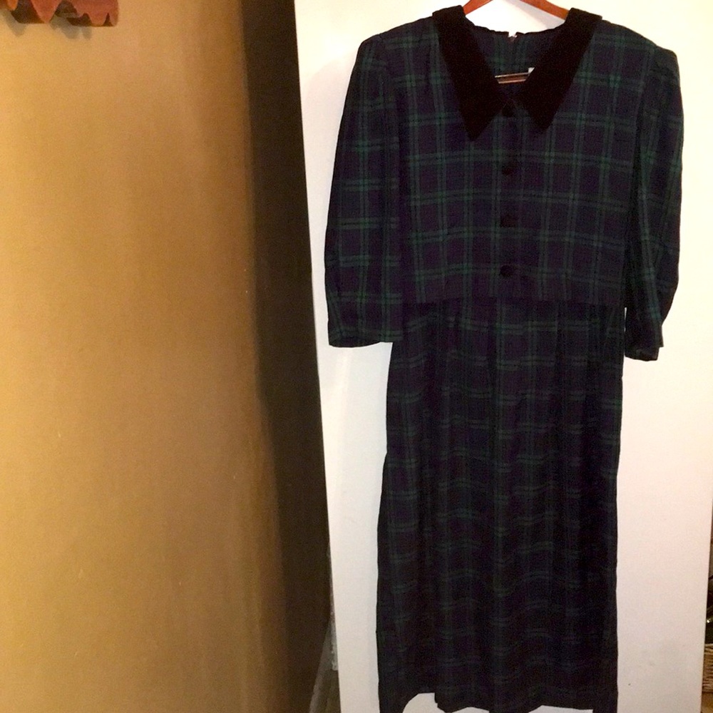 Vintage green & blue  plaid and velvet Dress